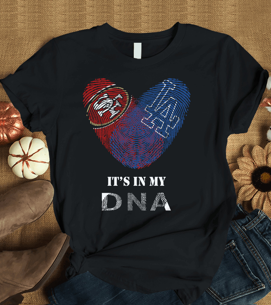 49Ers Dodgers SF LA Heart Fingerprint DNA T-Shirt