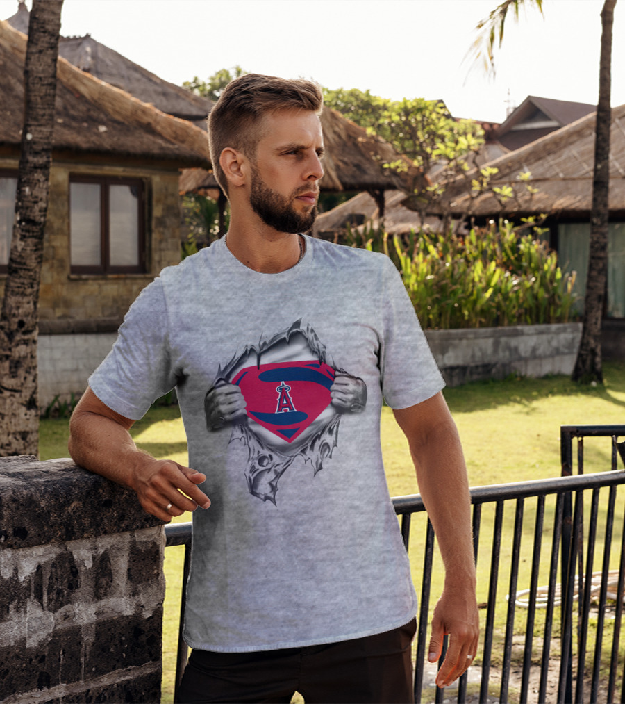 Superman Angels Logo Burst Silver Torn Fabric T-Shirt