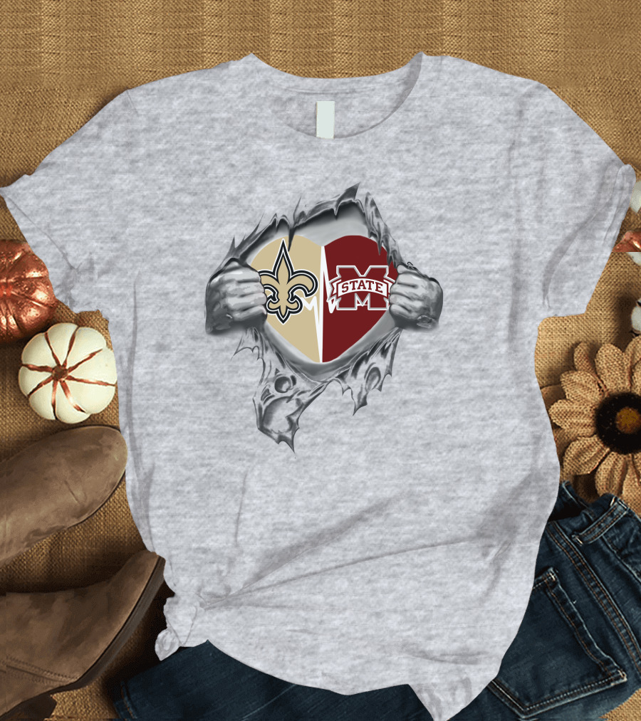 Saints Mississippi State Heart Logo Dual Allegiance T-Shirt