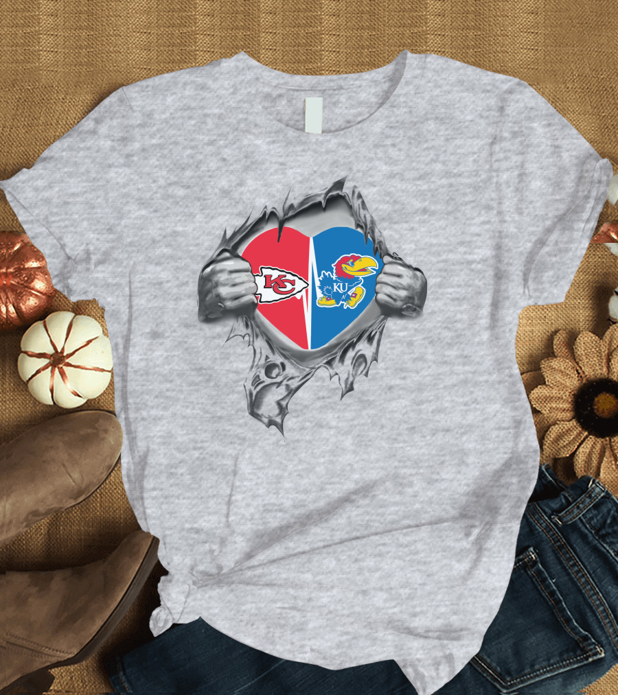 Kansas City Chiefs Kansas Jayhawks Heart Logo Tear T-Shirt