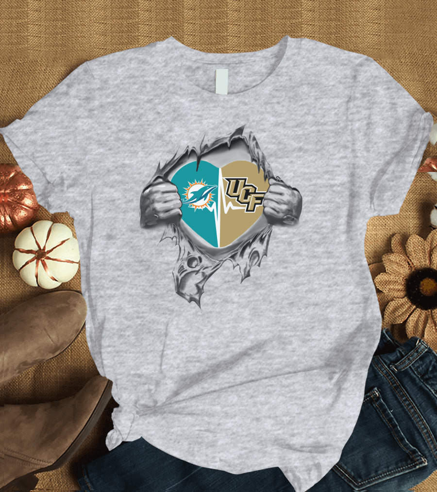 Dolphins UCF Heart Logo Design with Torn Fabric Effect T-Shirt