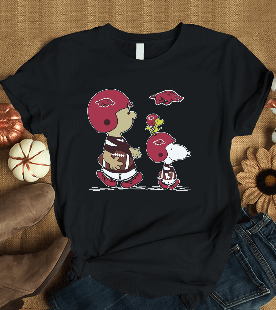 Arkansas Razorbacks Football Snoopy and Woodstock with Helmets and Hog T-Shirt