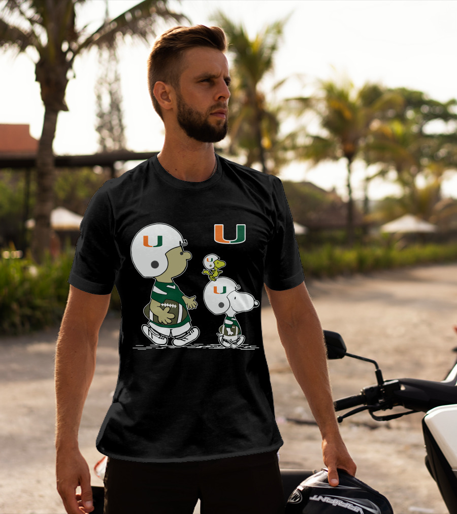 Miami Hurricanes Peanuts Snoopy Woodstock Helmet Football T-Shirt