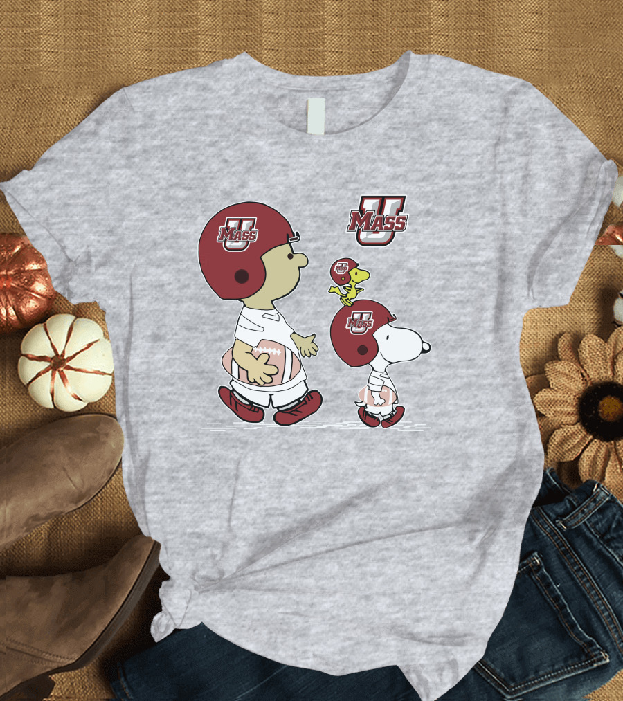 U Mass School Spirit Snoopy Football Helmet Charlie Woodstock T-Shirt