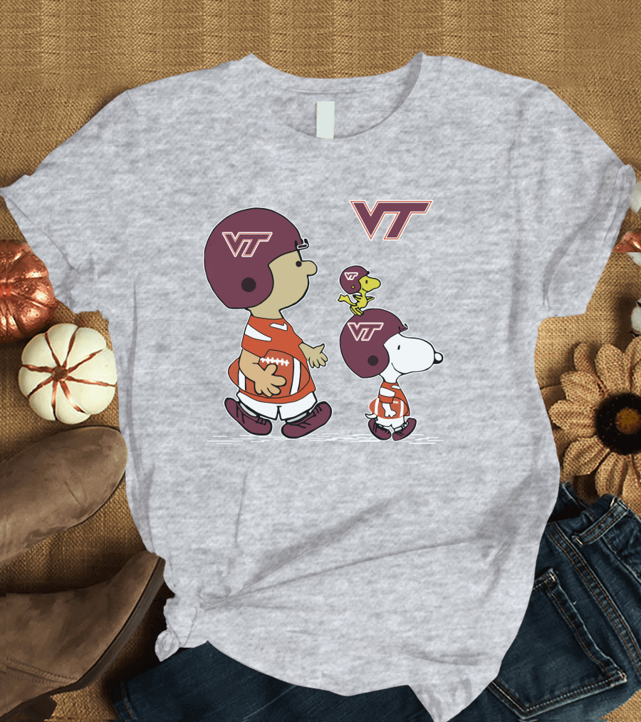 Virginia Tech Hokies VT Football Snoopy and Woodstock Peanuts Characters T-Shirt