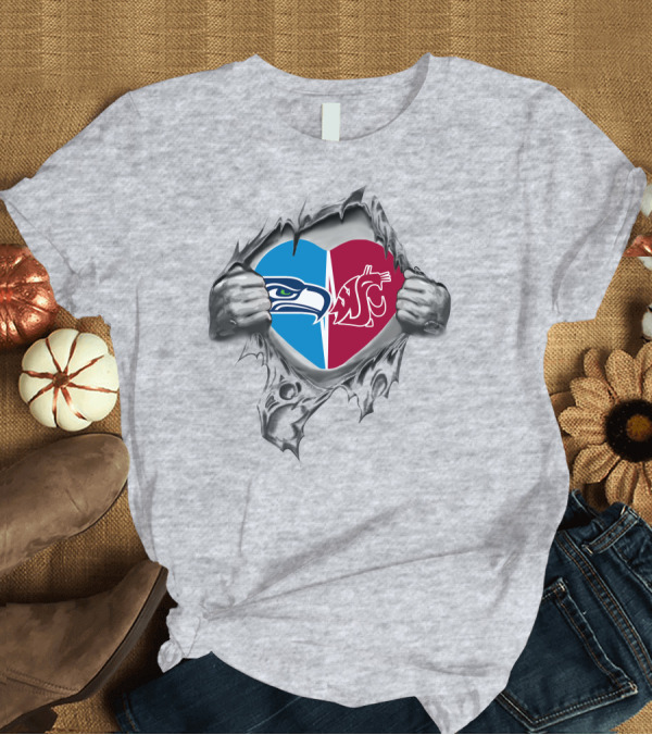 T-Shirt: Seahawks Washington State Cougars Heart Torn T-Shirt Seahawks Washington State Cougars Heart Torn T-Shirt