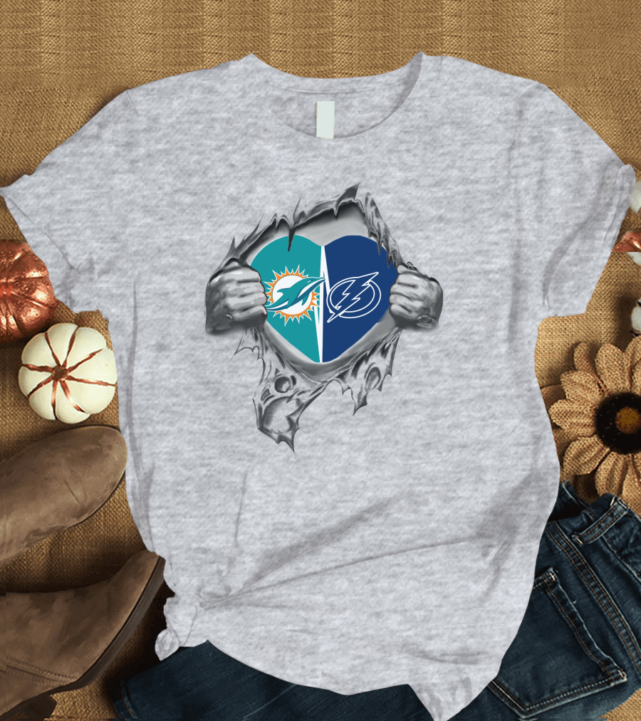 Tampa Bay Lightning Miami Dolphins Heart Torn Football Fan Spirit T-Shirt