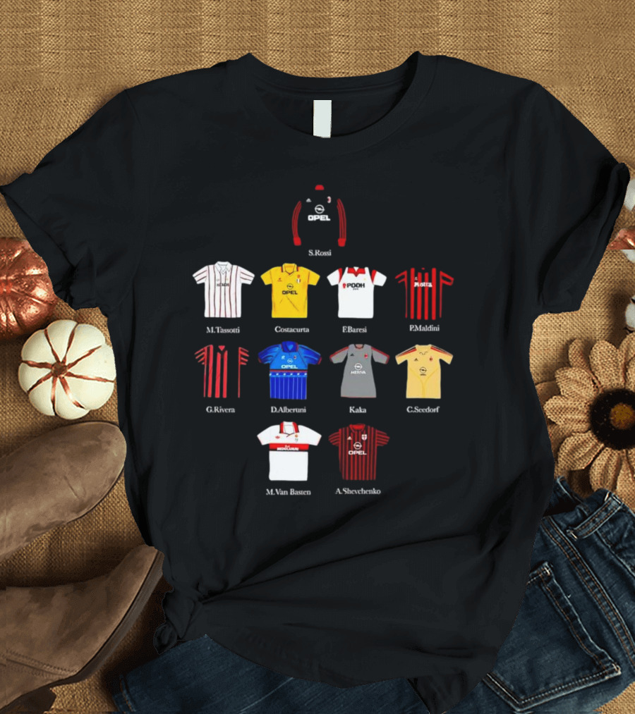 A.C. Milan FC Opel Uniform S. Rossi M. Tassotti A. Costacurta F. Baresi P. Maldini G. Rivera D. Albertini Kaka C. Seedorf M. Van Basten A. Shevchenko 
