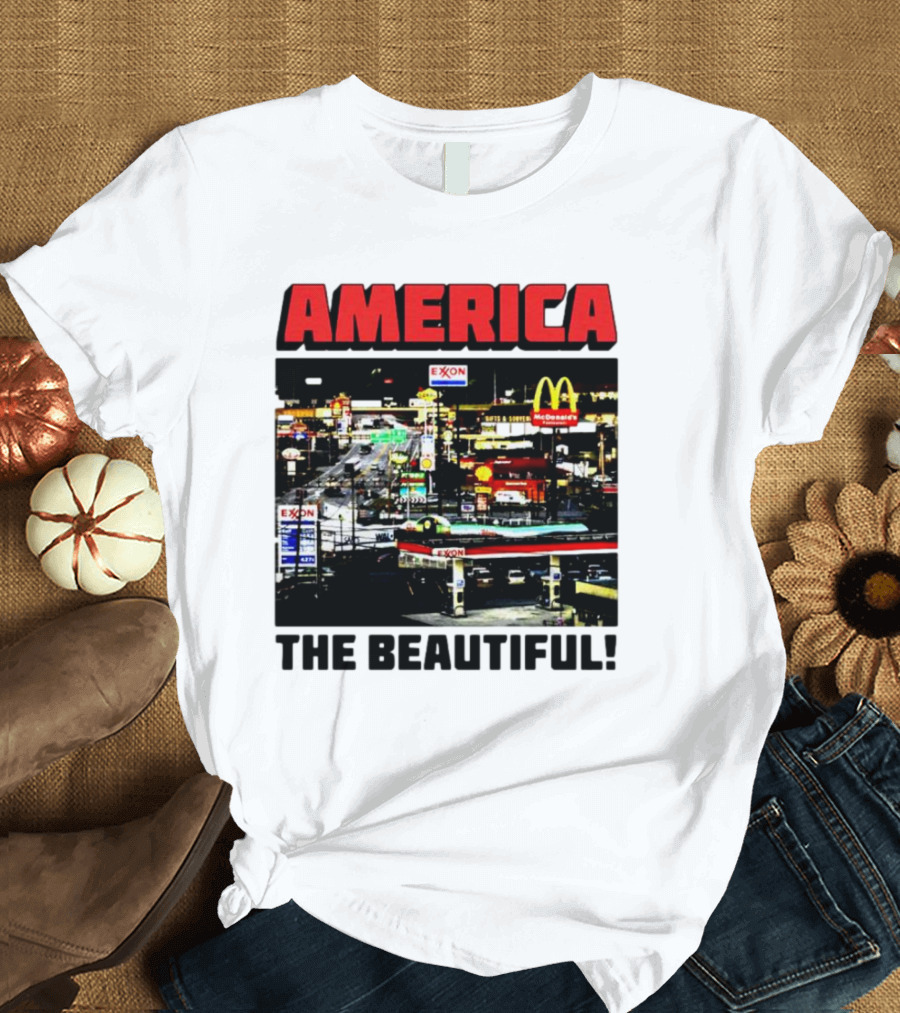 America The Beautiful City Lights Exxon McDonald's Night Scene T-Shirt