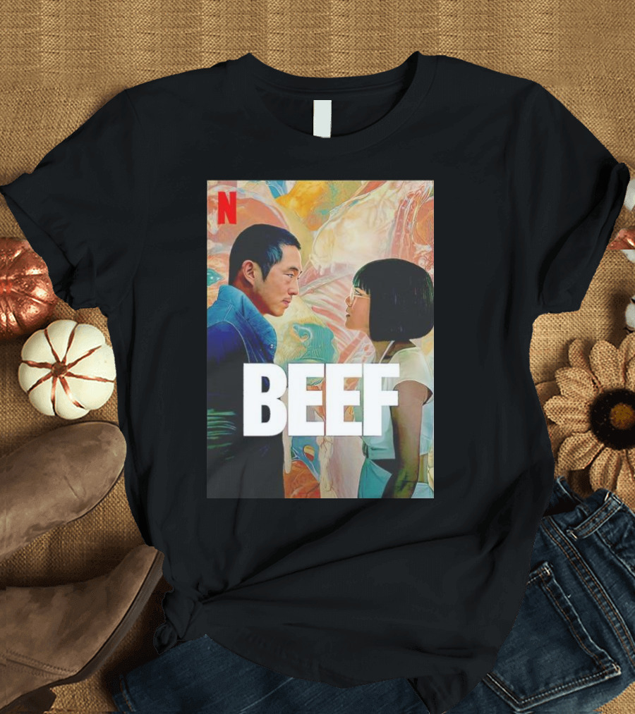 Netflix Beef Confrontation Art with Characters in Colorful Background T-Shirt