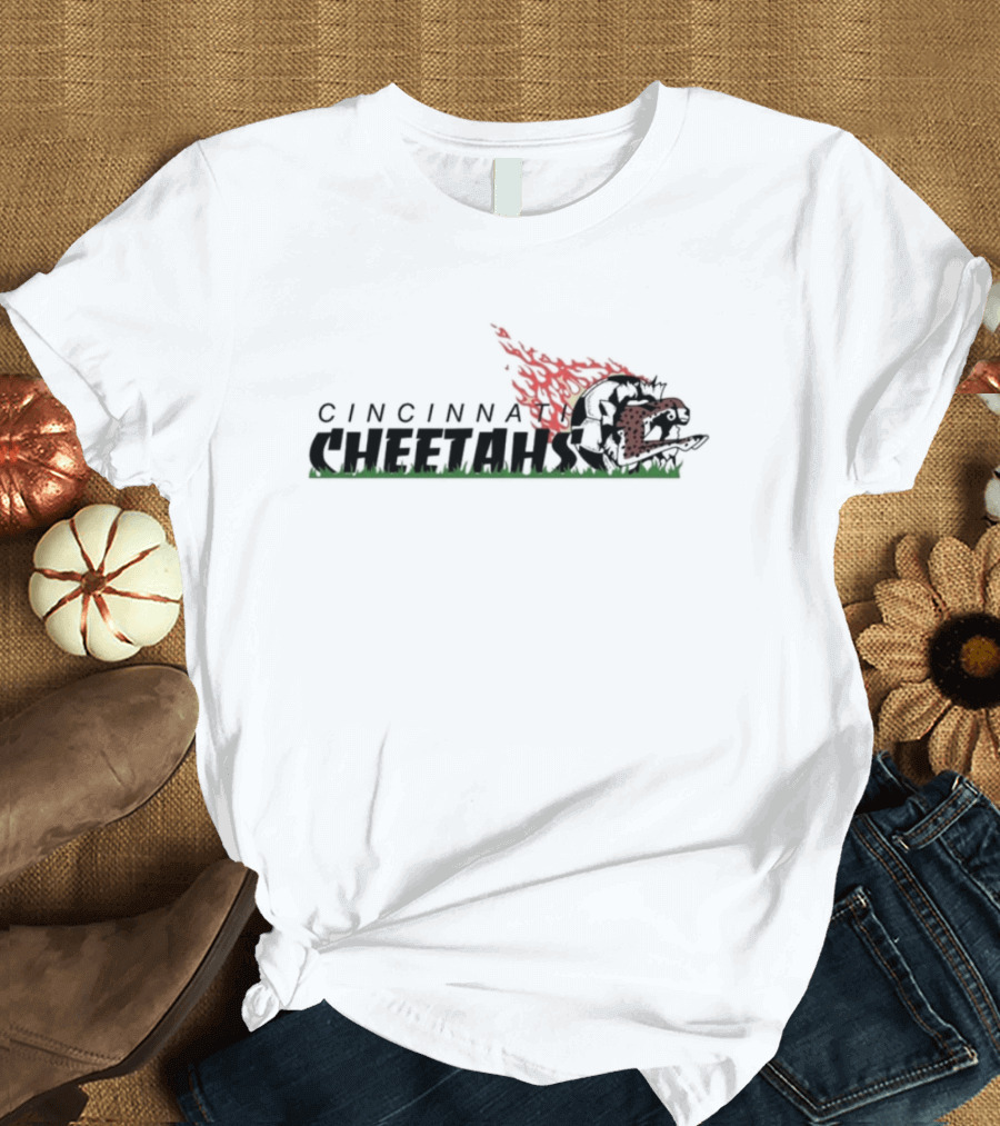 Cincinnati Cheetahs Soccer Flaming Ball and Grass Motif T-Shirt