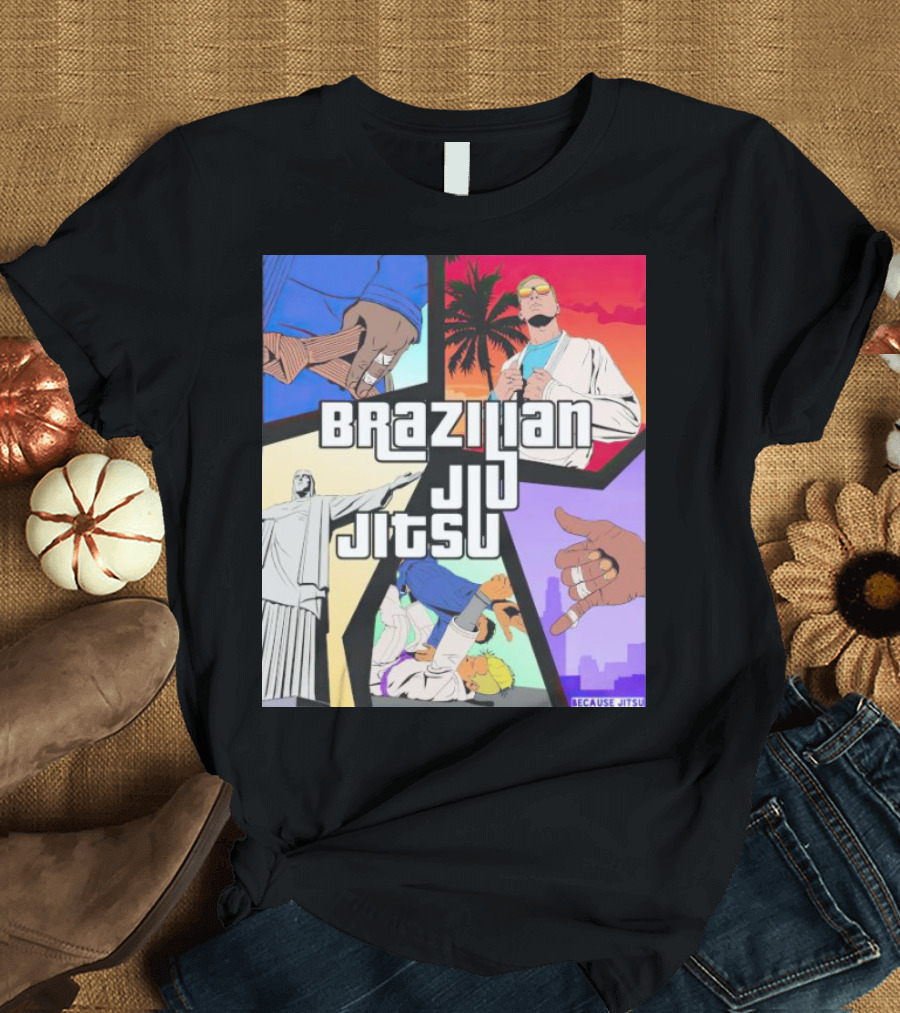 Brazilian Jiu Jitsu Because Jitsu Palms and Rio Comic Style Collage T-Shirt