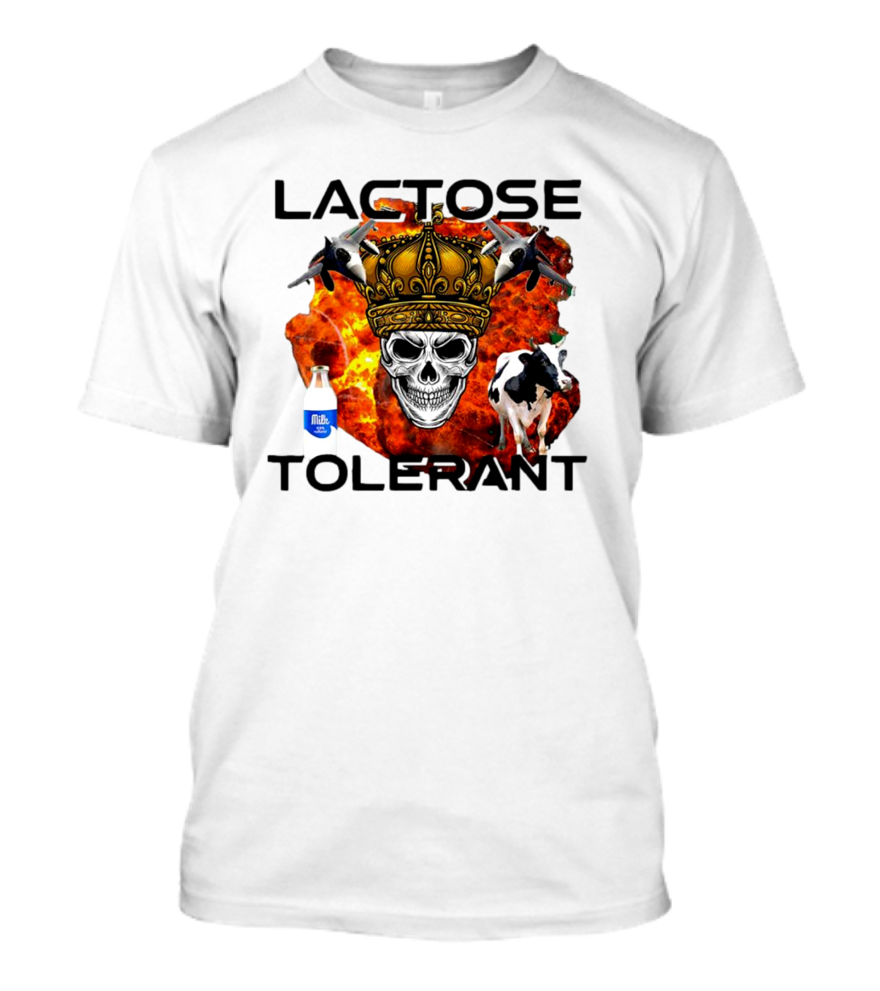 Lactose Tolerant Skull Crown Cow Milk Aircraft Explosion T-Shirt