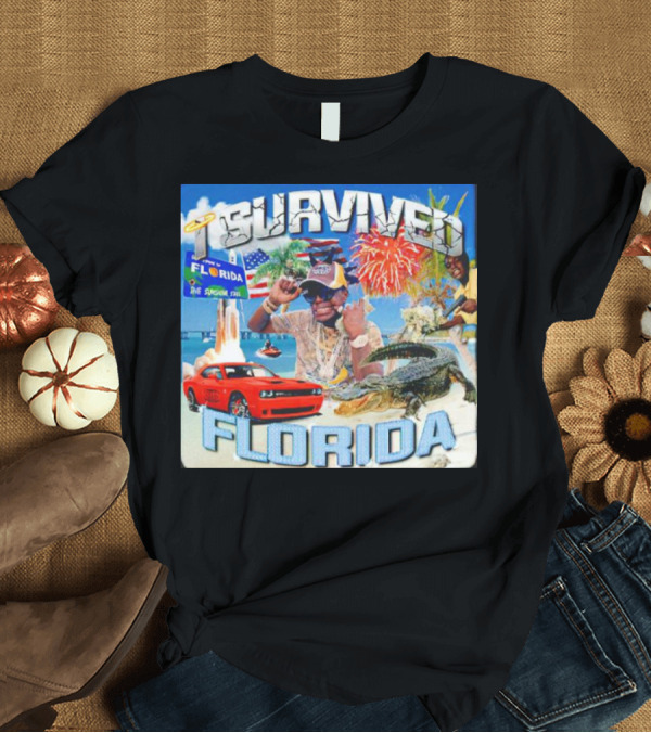 T-Shirt: I Survived Florida with Fireworks Alligator Car Beach and Sign T-Shirt I Survived Florida with Fireworks Alligator Car Beach and Sign T-Shirt