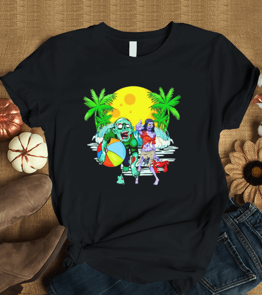 Zombie Beach Party Under Palm Trees with Beach Ball and Surf Waves T-Shirt