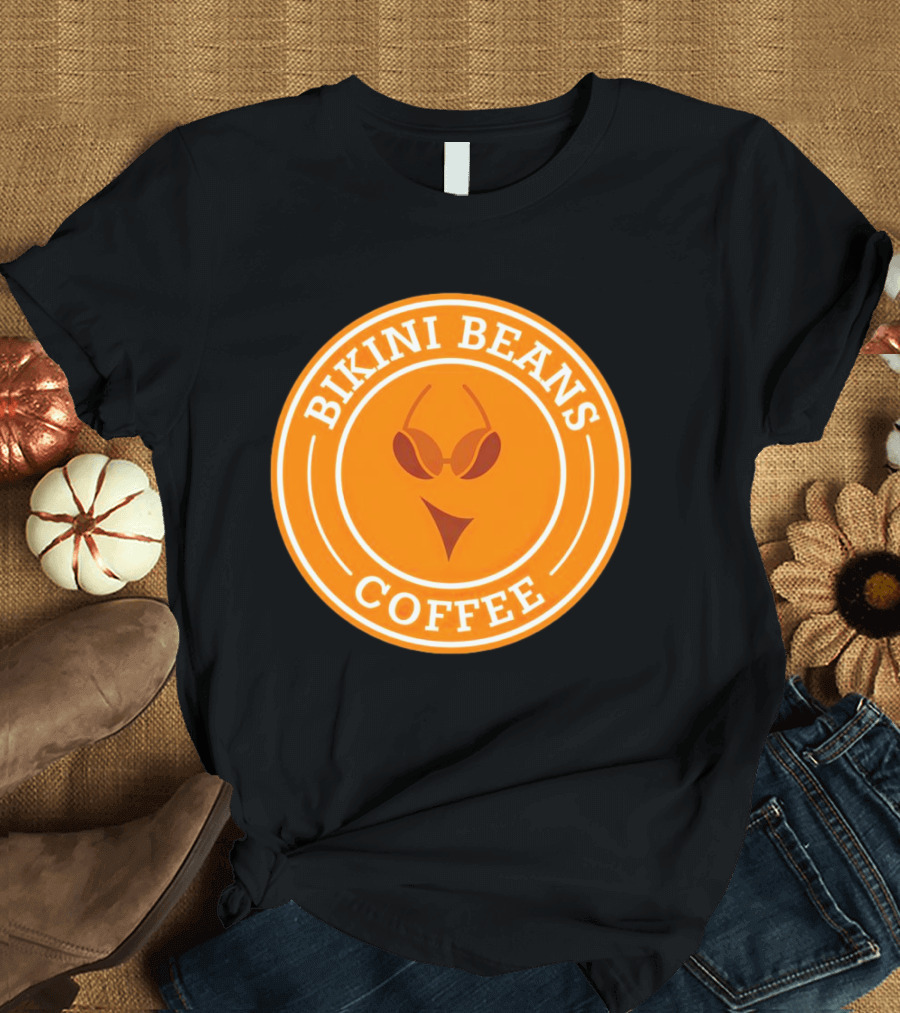 Bikini Beans Coffee Circular Logo with Sunglasses and Orange Background T-Shirt