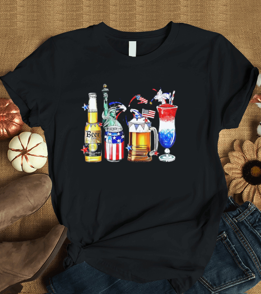 Happy 4th Of July Beer Liberty Statue Fireworks American Flag Drinks T-Shirt