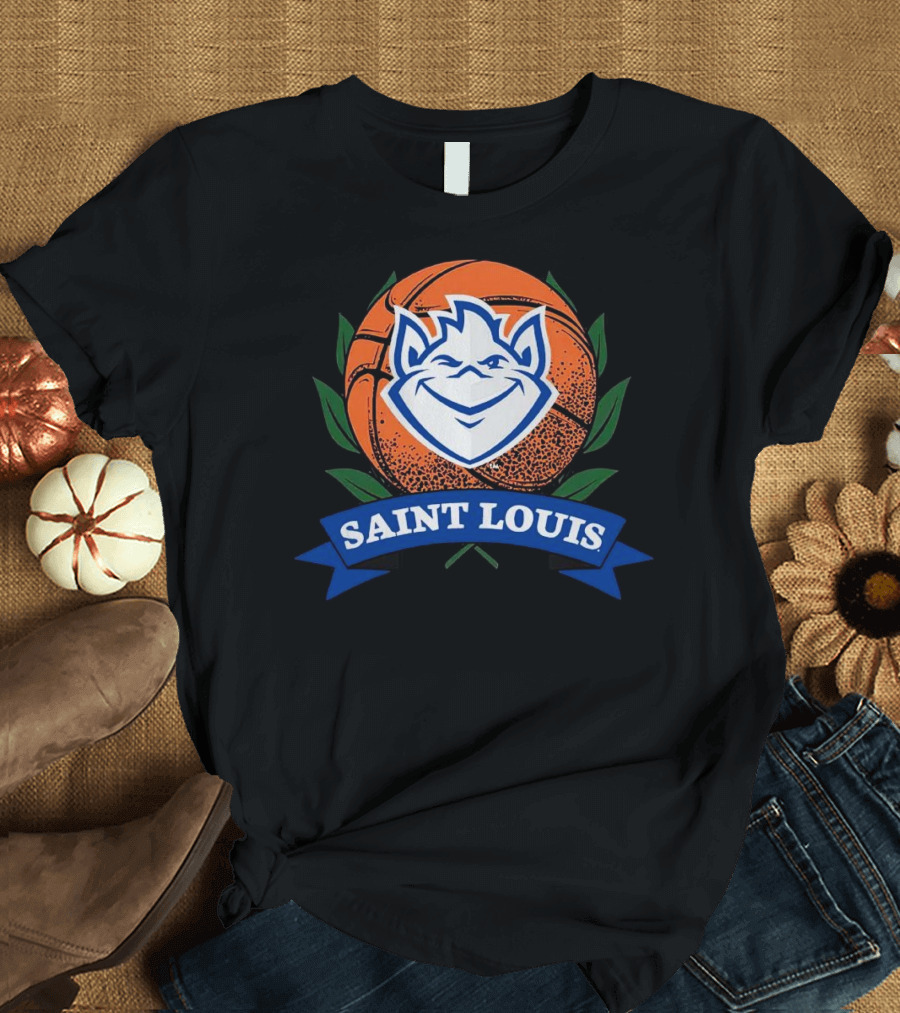Saint Louis Billikens Basketball Emblem with Iconic Mascot and Orange Basketball T-Shirt
