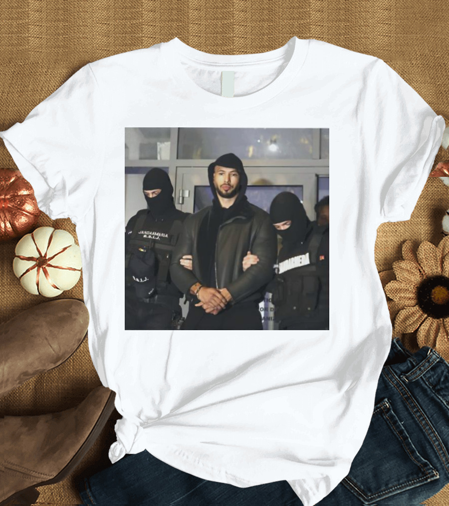 Andrew Tate Arrest with Police in Black Tactical Gear T-Shirt