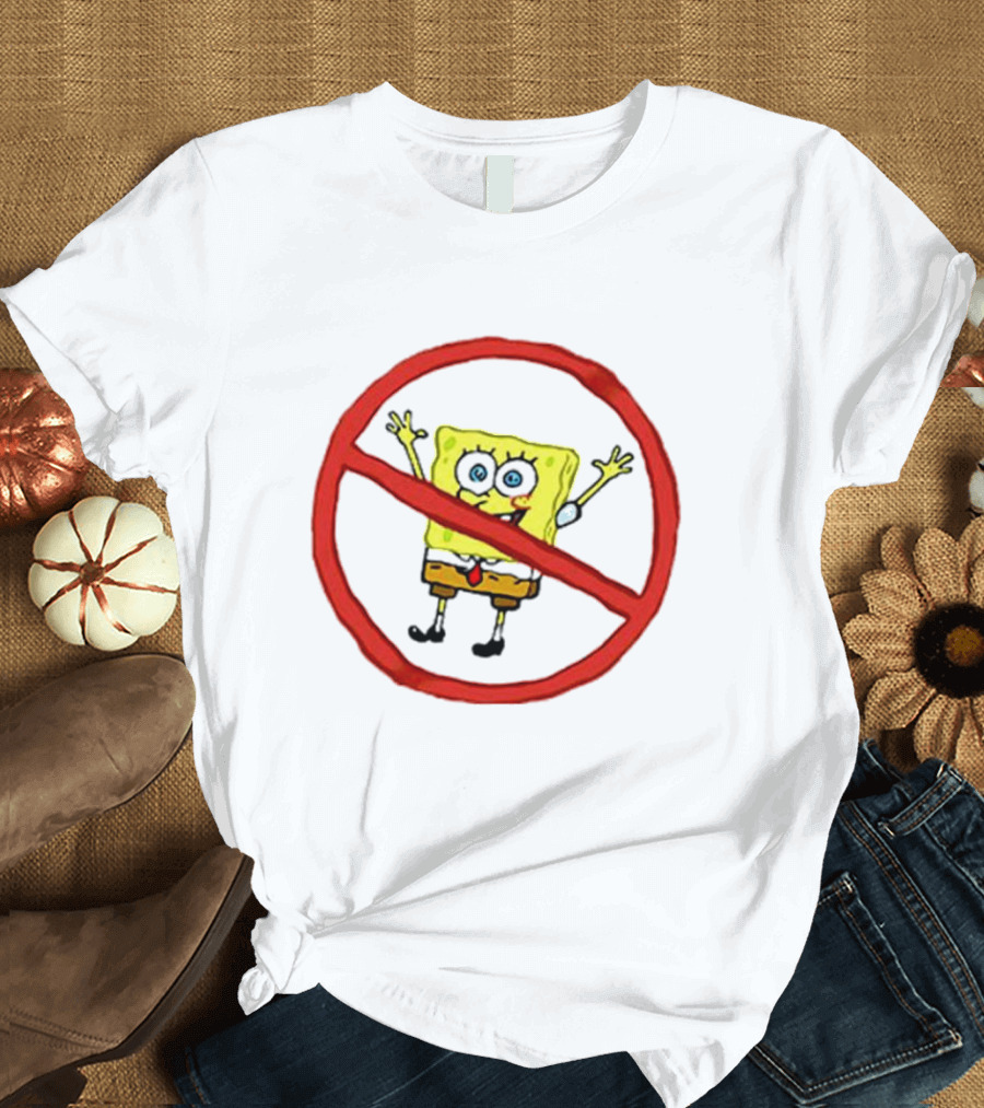National No Spongebob Day Yellow Cartoon Character with Red Prohibition T-Shirt