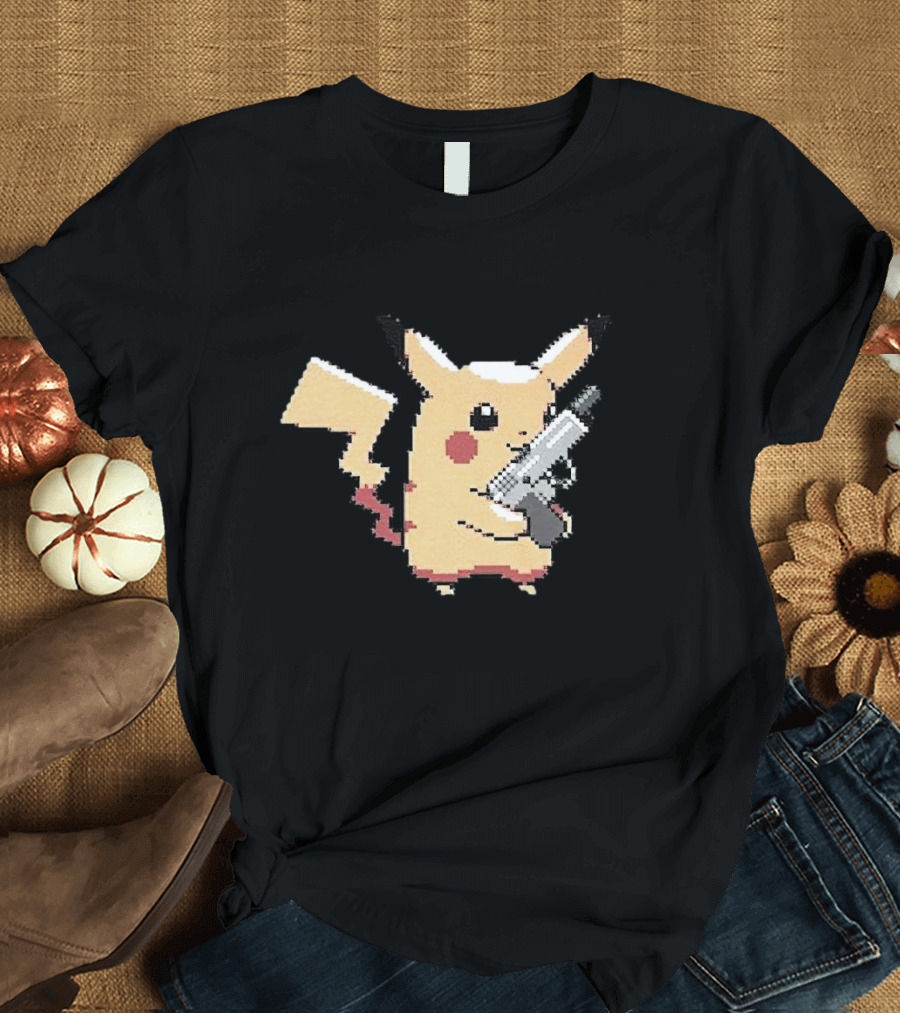 Pikachu Holding Gun Pixel T-Shirt