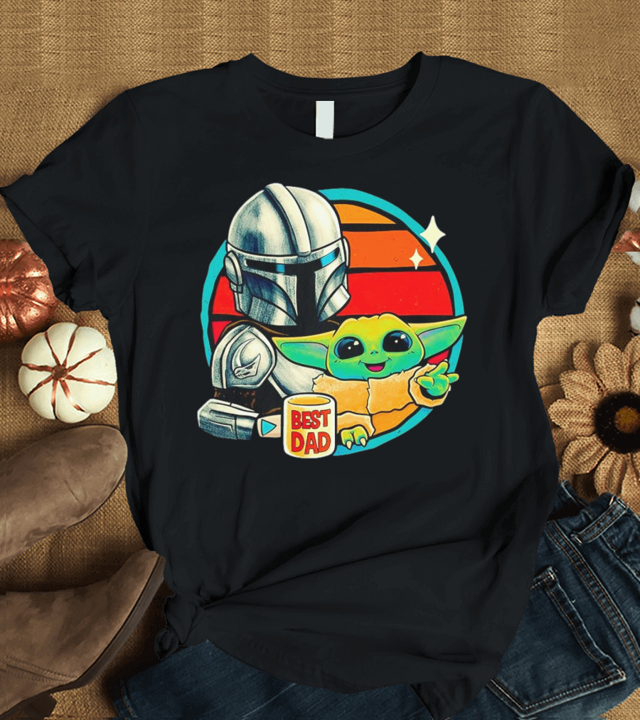 Best Dad Din Djarin with Grogu Vintage Retro Sunset T-Shirt