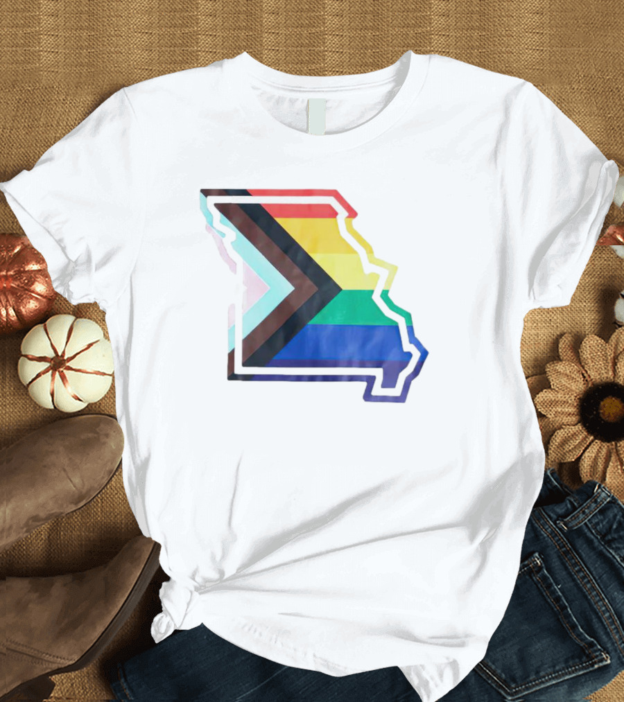 Missouri State Outline with Progress Pride Flag Colors T-Shirt