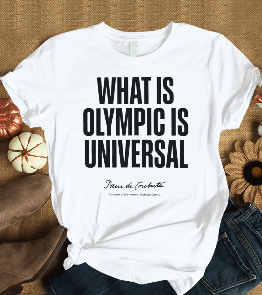 What is Olympic is Universal Paris 2024 Summer Olympics Pierre de Coubertin T-Shirt