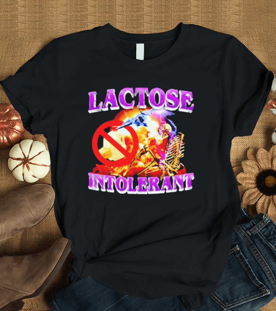 LACTOSE INTOLERANT No Dairy Apocalypse Skeleton Explosion Fighter Jet T-Shirt