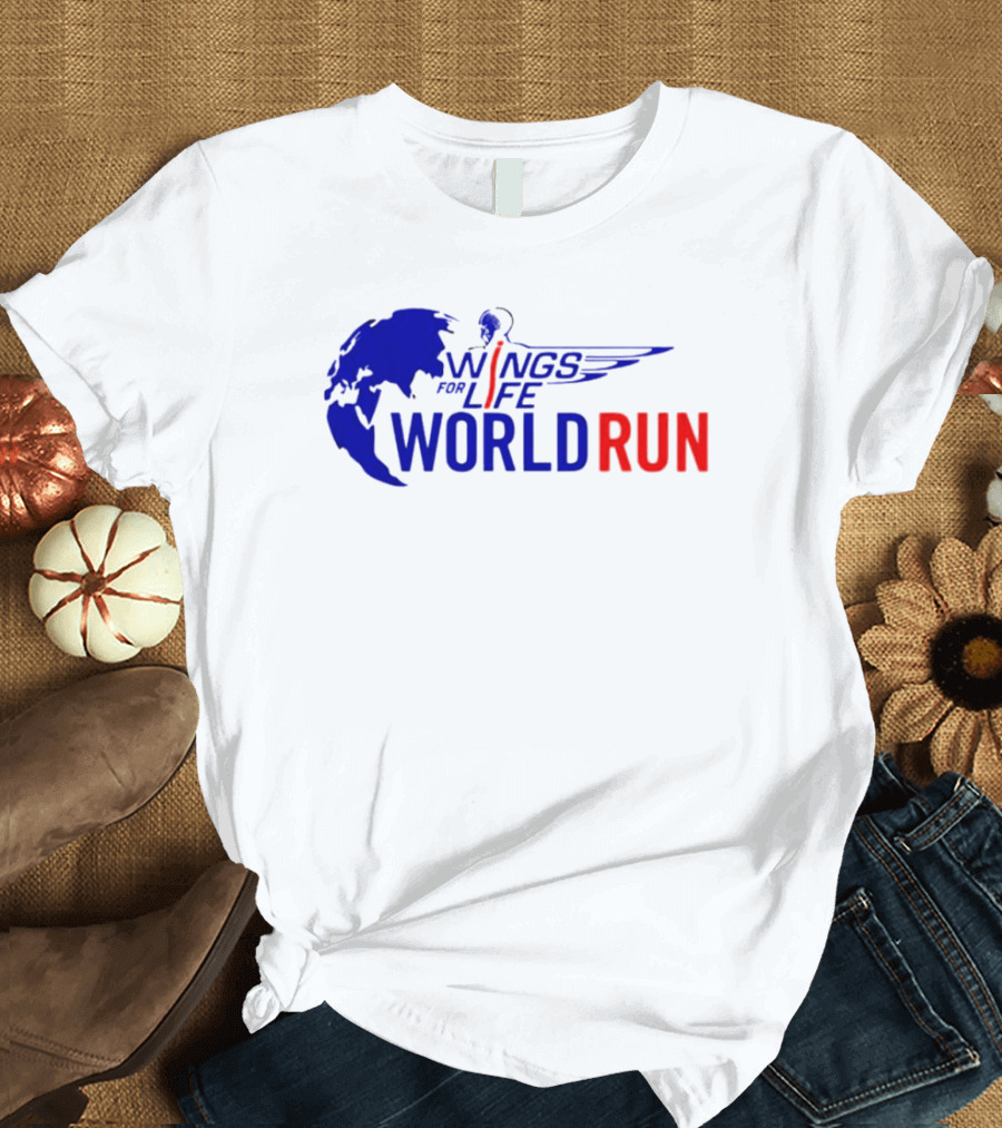 Wings for Life World Run Blue and Red Globe and Wings T-Shirt