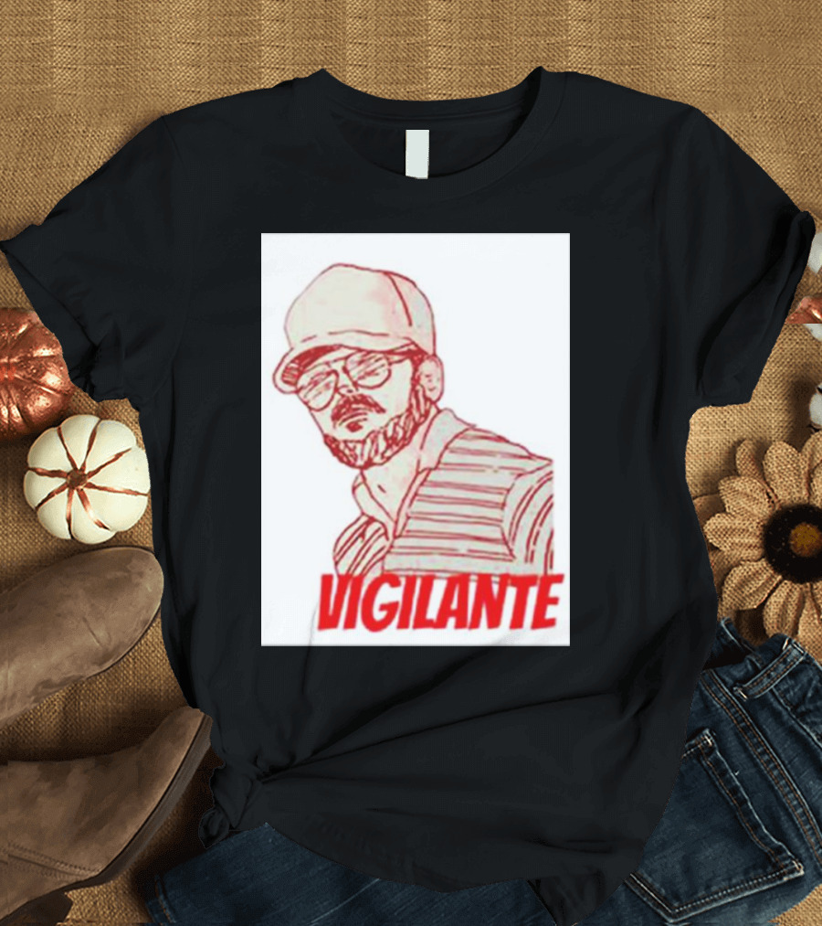 Gary Plauche Red Sketch Illustration with Vigilante Text T-Shirt