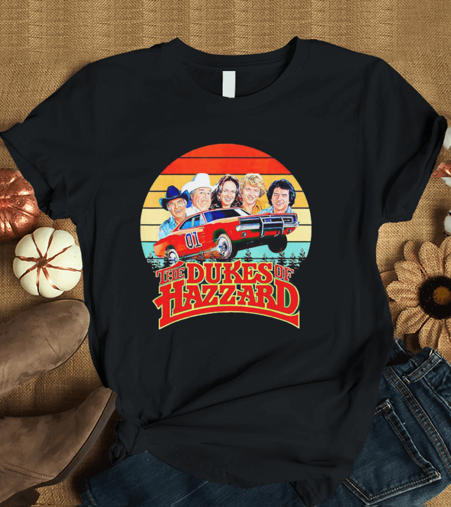 Vintage The Dukes of Hazzard Characters with Dodge Charger 01 Retro Sunset T-Shirt