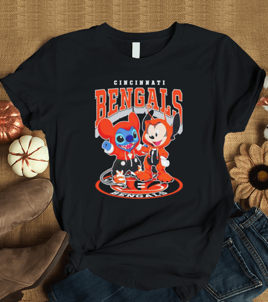 Cincinnati Bengals Mickey and Stitch NFL Collaboration T-Shirt