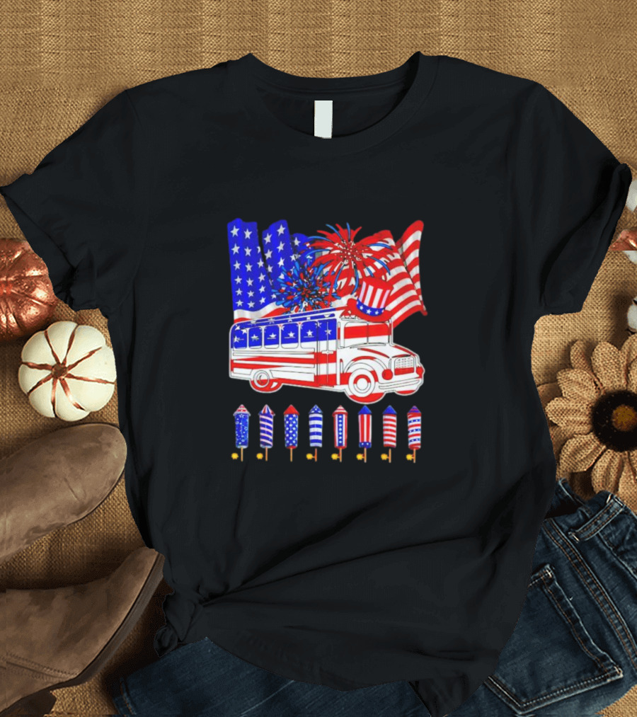 School Bus Fireworks American Flag Happy 4th of July T-Shirt