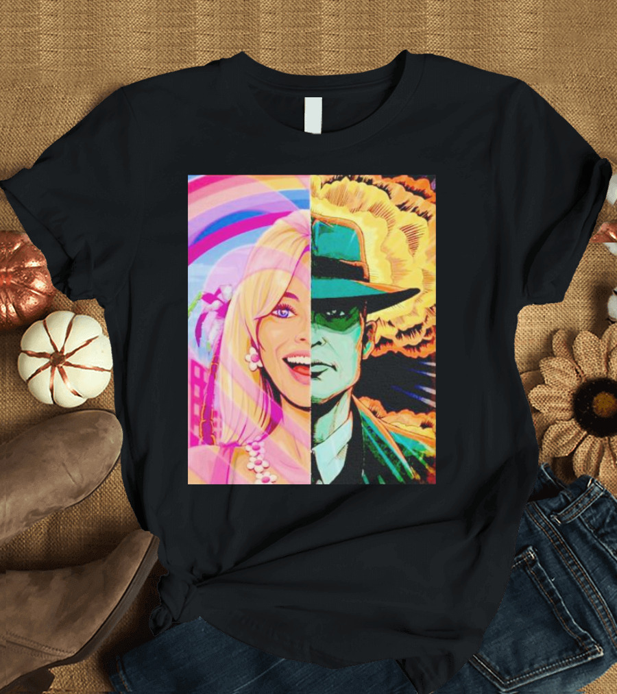 Barbie Oppenheimer Split Face with Retro Pop Art Style and Explosion Background T-Shirt