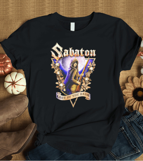 T-Shirt: Sabaton Lady of the Dark Hooded Figure with Floral Skull Motif T-Shirt Sabaton Lady of the Dark Hooded Figure with Floral Skull Motif T-Shirt