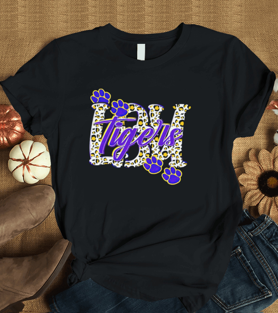 Lsu Tigers Leopard Print with Blue and Yellow Paw Prints T-Shirt