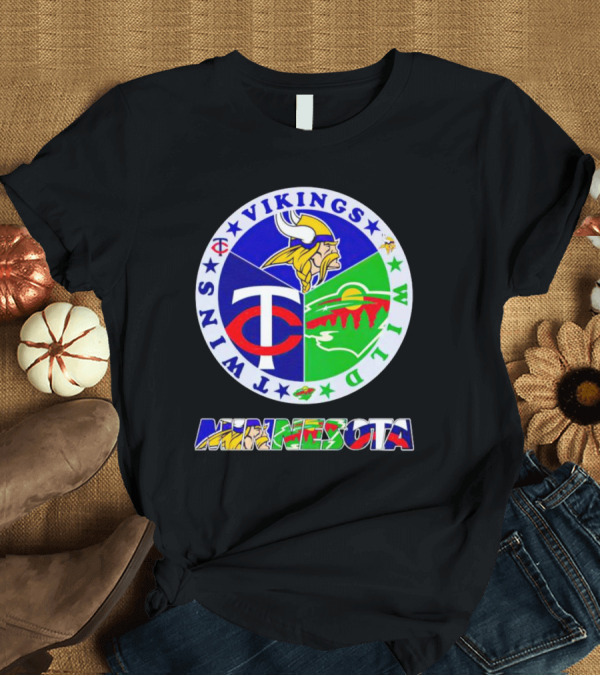 T-Shirt: Minnesota Vikings Twins Wild Logos Circle and Colorful Minnesota Text T-Shirt Minnesota Vikings Twins Wild Logos Circle and Colorful Minnesota Text T-Shirt