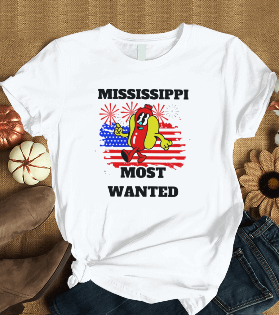 Mississippi Most Wanted Hot Dog with American Flag and Fireworks 4th of July T-Shirt