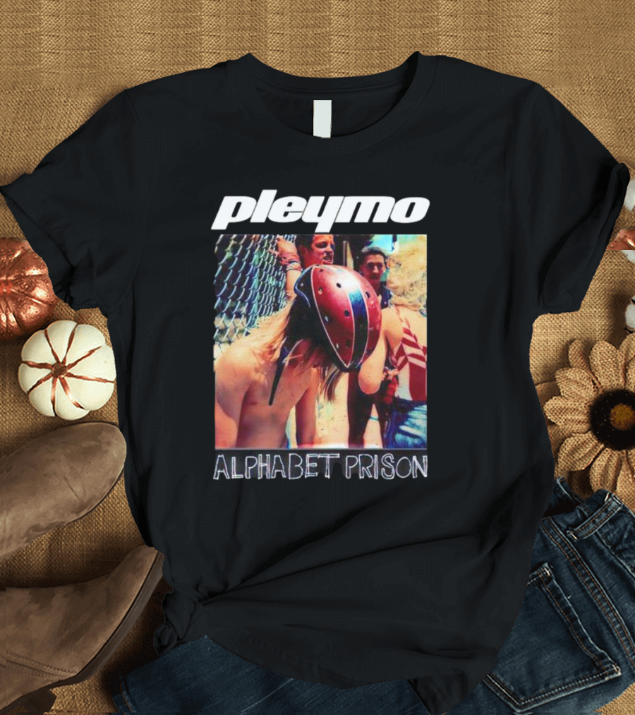 Pleymo Alphabet Prison Helmeted Figure by Fence T-Shirt