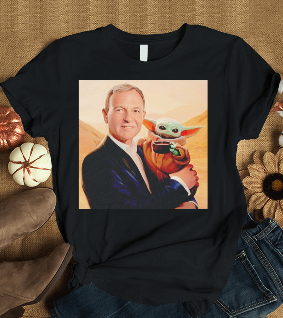 Bob Iger Holding Baby Yoda with Coffee Cup in Arms T-Shirt