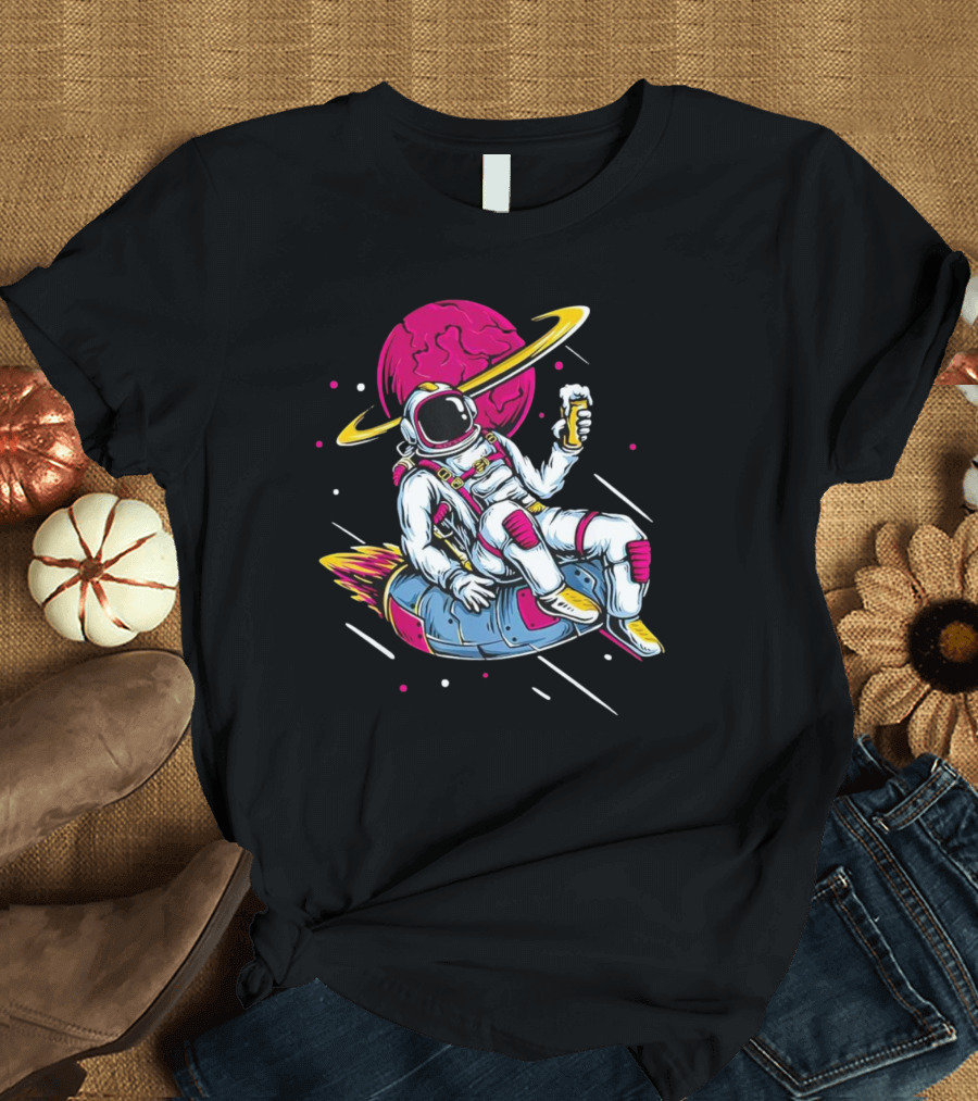 Astronaut Drinking Beer in Space Suit with Planet Background T-Shirt