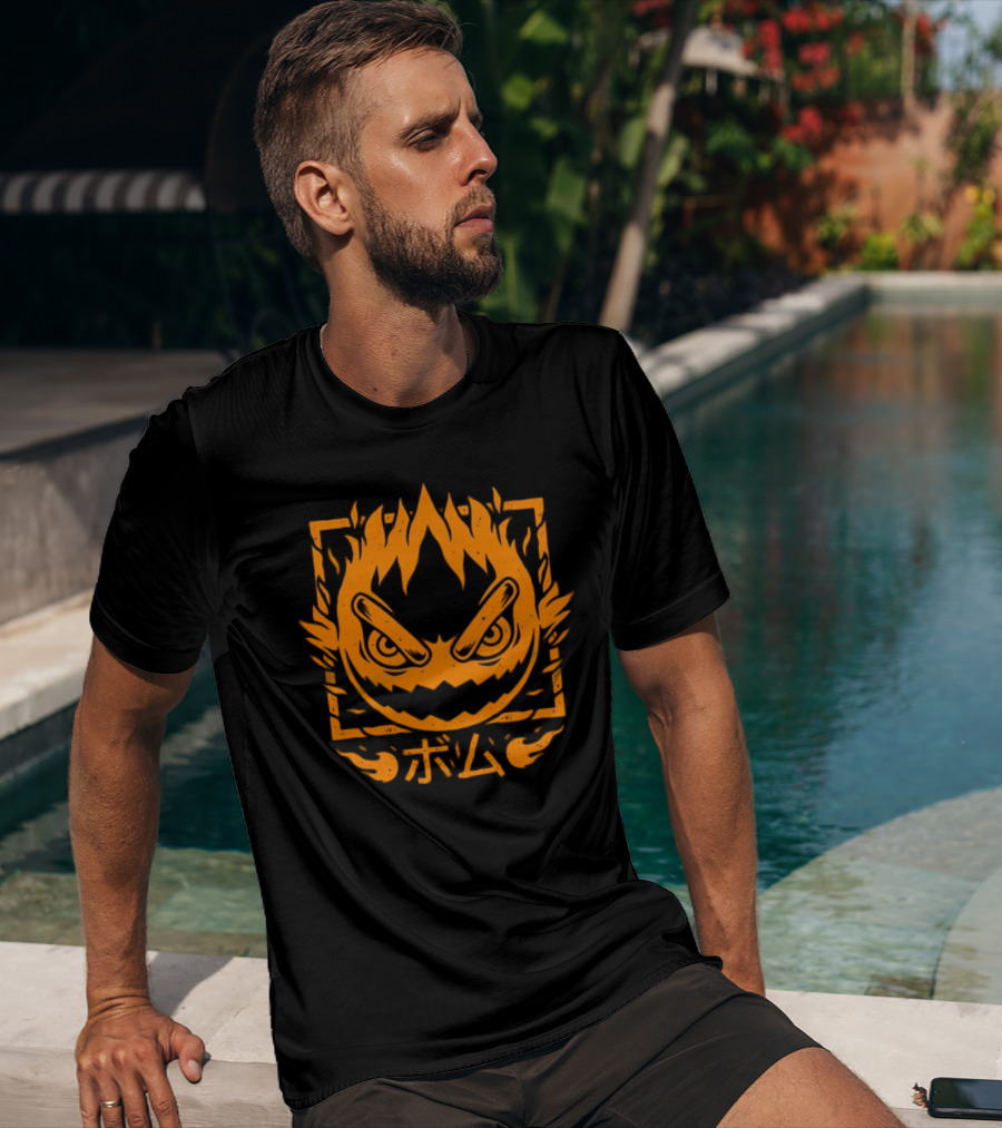 Firebomb Game Flaming Face And Japanese Text T-Shirt