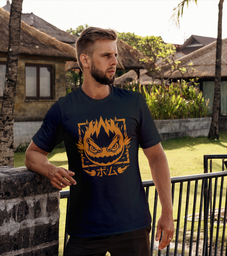 Firebomb Game Flaming Face And Japanese Text T-Shirt