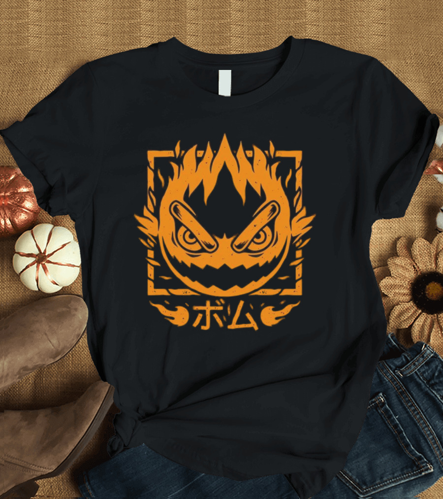 Firebomb Game Flaming Face and Japanese Text T-Shirt
