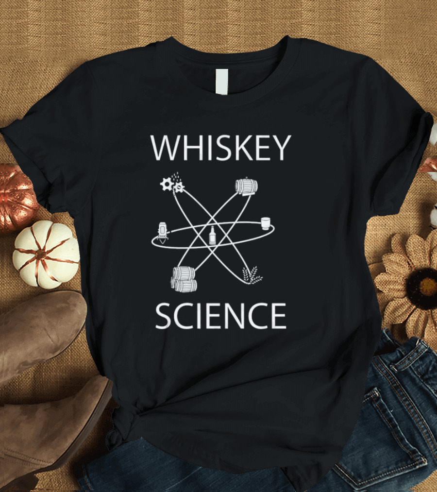 WHISKEY SCIENCE Molecular Diagram with Barrels and Distillation Elements T-Shirt