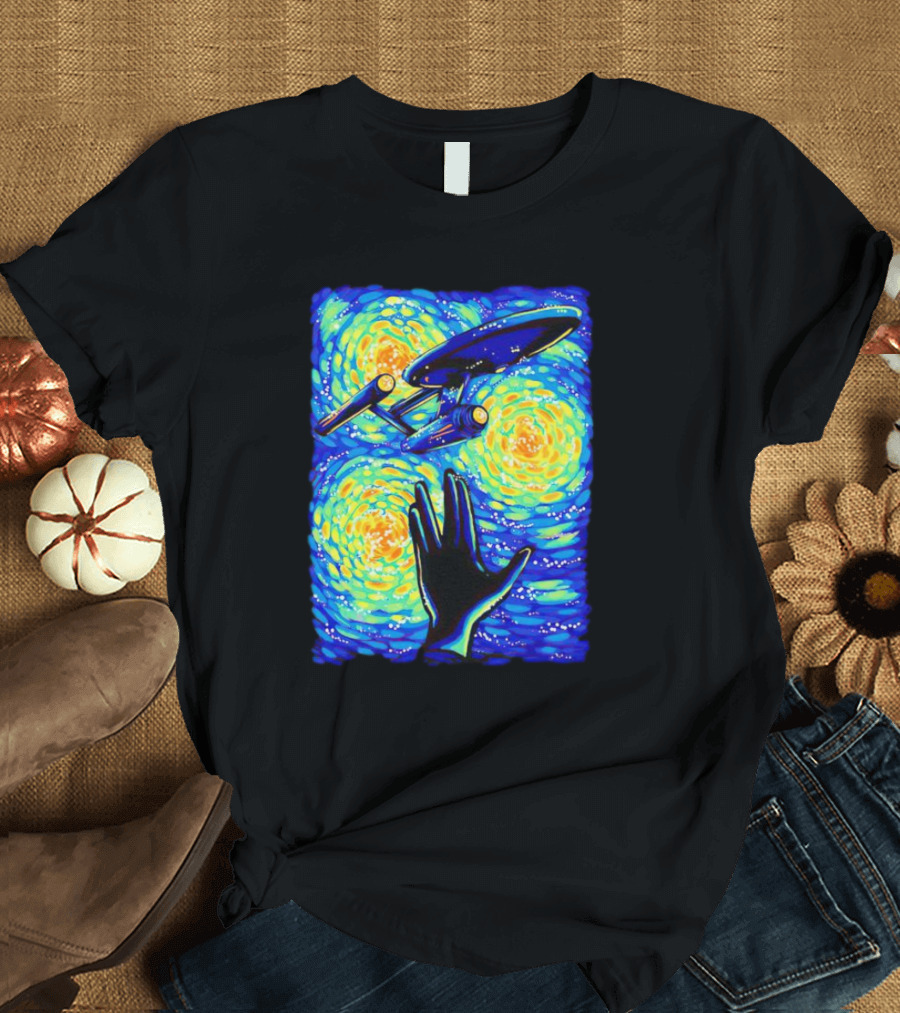 Star Trek Enterprise in Starry Night with Vulcan Salute Starry Trek T-Shirt