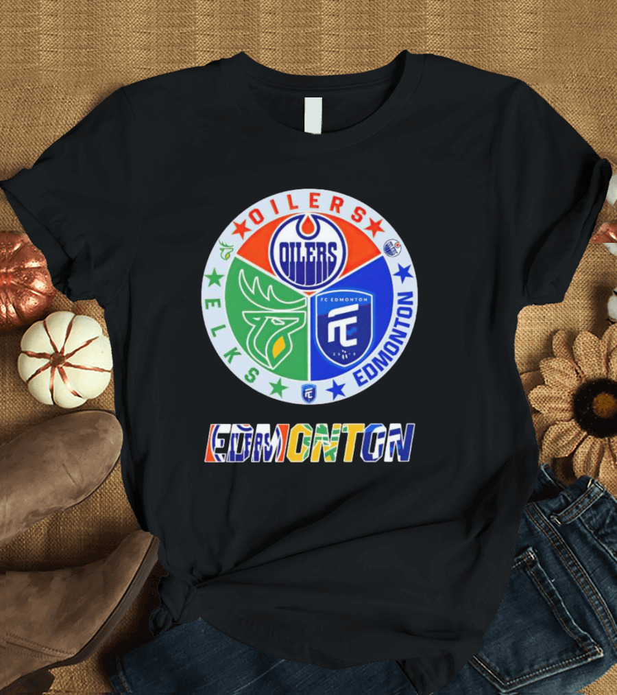 Oilers Elks FC Edmonton Sports Team Logo Collage T-Shirt