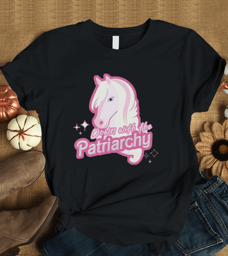 Down with the Patriarchy Pink Horse Illustration with Sparkles T-Shirt