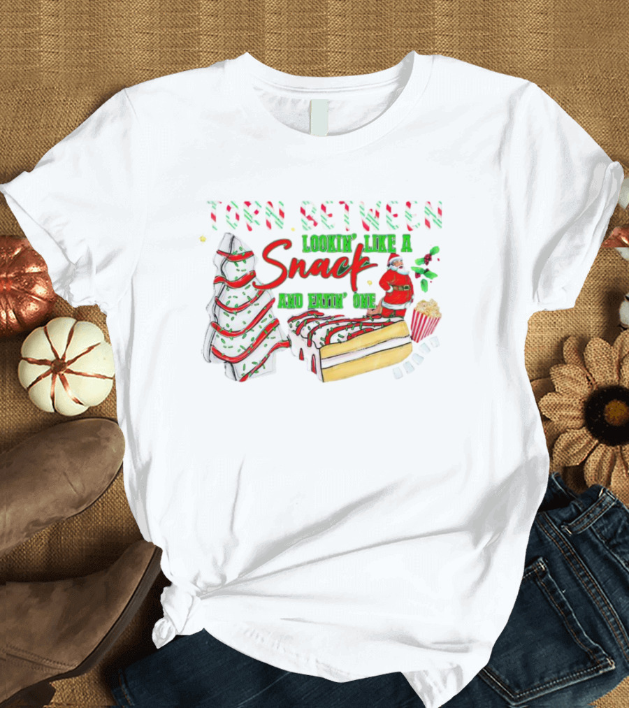 Torn Between Looking Like a Snack and Eatin' One Christmas Santa Tree Cake Popcorn T-Shirt